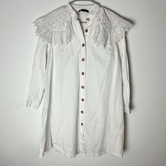Lauren Vidal Collar Lace White Button Up Shirt Dress *missing Belt Large 205 - Picture 1 of 8